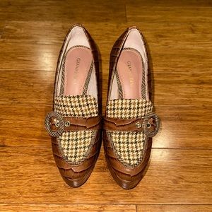 Gianni Bini Brown Croc Leather & Plaid Platform Loafers Buckle